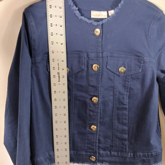 Kim Gravel, Belle, Medium Navy Denim Jacket with Gold Buttons and Frayed Trim - Picture 13 of 15